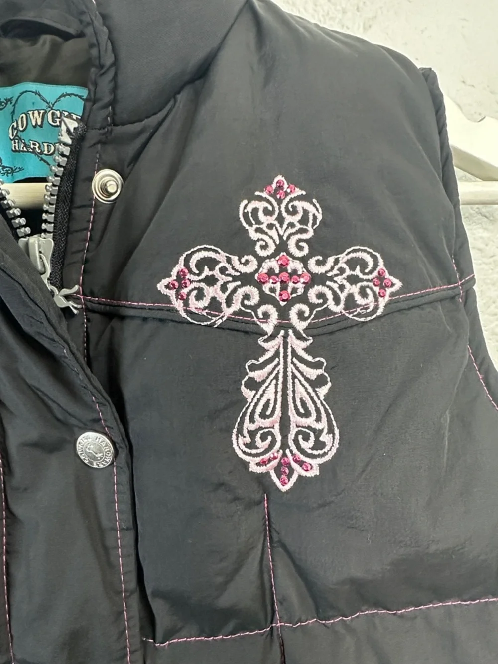 Cowgirl Hardware Black Pink Puffer Vest Full‎ Zip Snap Button Youth Girls Medium